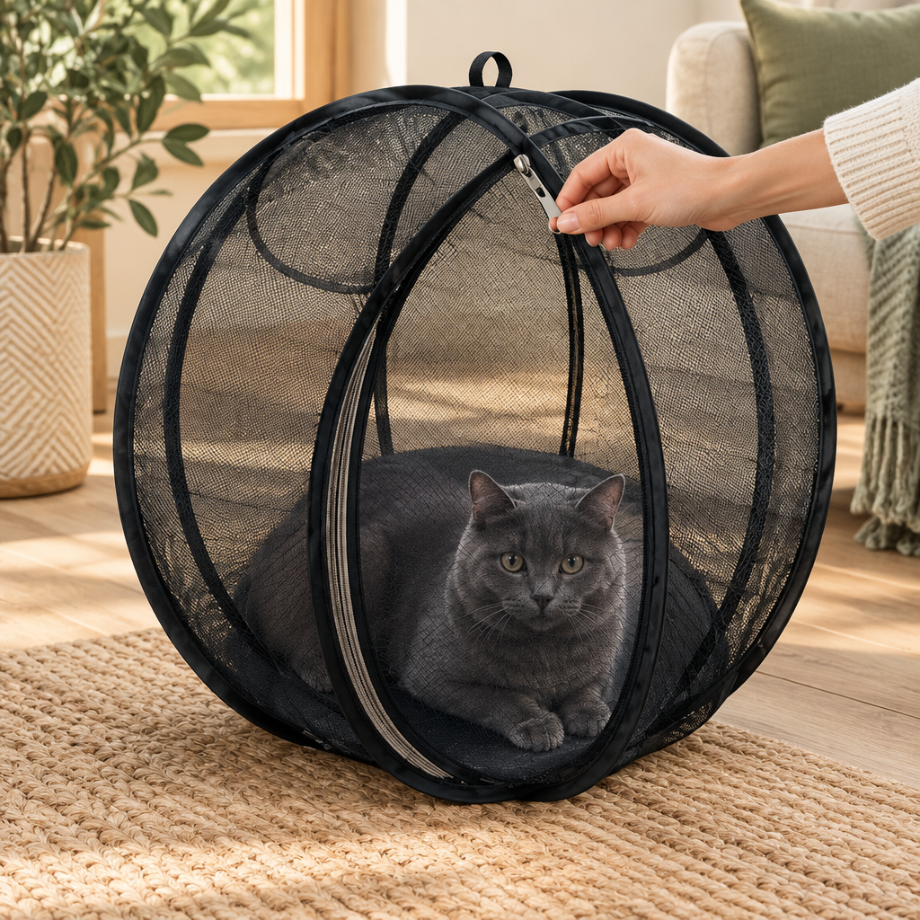 zip your cat in — Meowdow black pop-up mesh cat pod