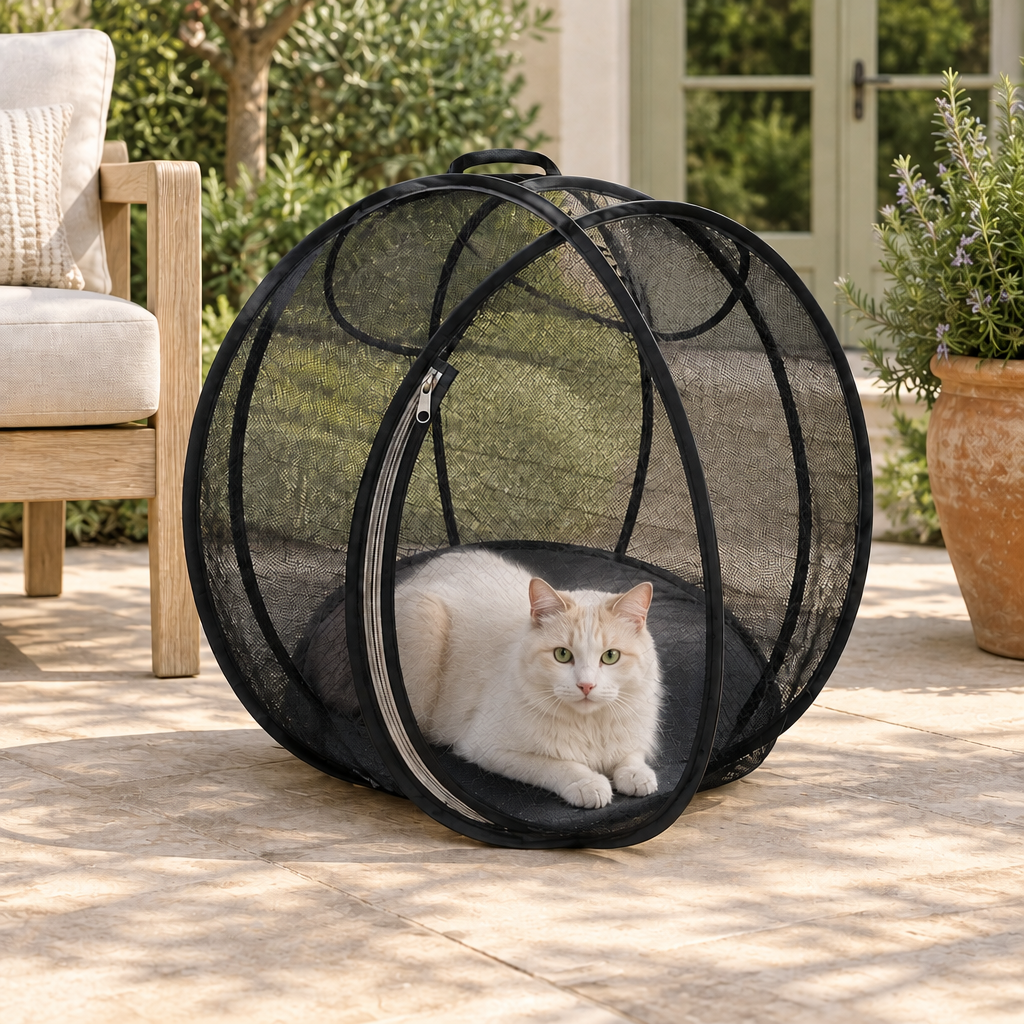 patio lounging — Meowdow black pop-up mesh cat pod